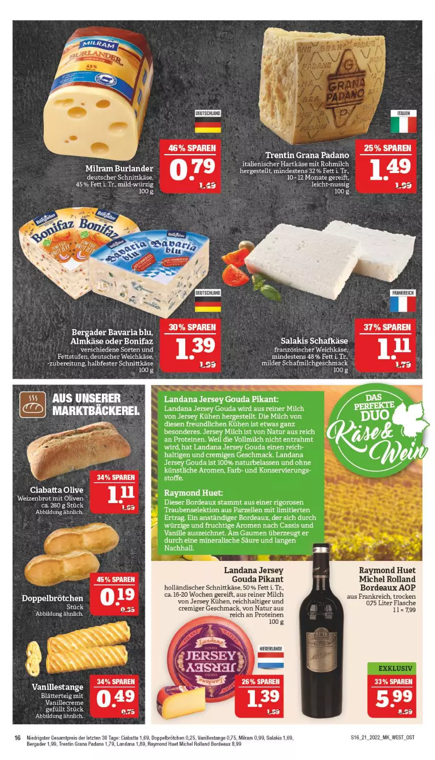 Aktueller Prospekt Marktkauf - Prospekt - von 22.05 bis 28.05.2022 - strona 16 - produkty: almkäse, bergader, brötchen, burlander, cassis, ciabatta, creme, deutscher schnittkäse, deutscher weichkäse, eier, eis, elle, flasche, französischer weichkäse, frucht, gouda, grana, grana padano, halbfester schnittkäse, hartkäse, holländischer schnittkäse, italienischer hartkäse, Käse, mac, milch, milram, natur, nuss, olive, padano, Rana, reis, Ria, rosen, salakis, schafkäse, schnittkäse, Ti, trauben, vanille, Vanillestange, vollmilch, weichkäse, ZTE