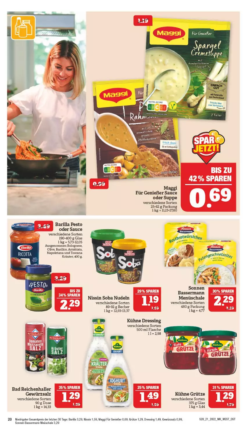 Aktueller Prospekt Marktkauf - Prospekt - von 22.05 bis 28.05.2022 - strona 20 - produkty: Bad, barilla, basilico, Becher, bolognese, dressing, eis, flasche, gewürz, gewürzsalz, grütze, kräuter, Kühne, maggi, Nissin, nudel, nudeln, olive, pesto, reis, salz, sauce, Schal, Schale, suppe, ZTE