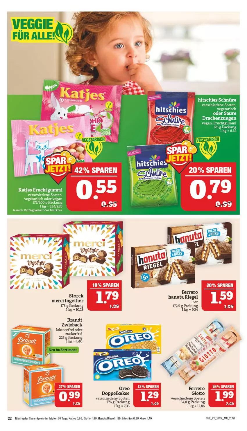 Aktueller Prospekt Marktkauf - Prospekt - von 22.05 bis 28.05.2022 - strona 22 - produkty: brandt, Doppelkekse, eis, ferrero, frucht, fruchtgummi, giotto, hanuta, katjes, keks, kekse, merci, oreo, reis, riegel, storck, Vegeta, ZTE, zucker