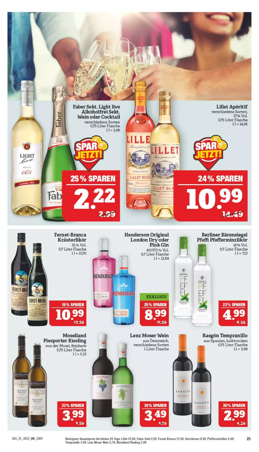 Aktueller Prospekt Marktkauf - Prospekt - von 22.05 bis 28.05.2022 - strona 25 - produkty: alkohol, aperitif, berliner, cocktail, eis, enders, Fernet, fernet branca, flasche, gin, kräuter, kräuterlikör, Lenz Moser, likör, lillet, london dry, moselland, moser, pfeffer, pfefferminzlikör, reis, riesling, sekt, Sport, tempranillo, Ti, wein, ZTE