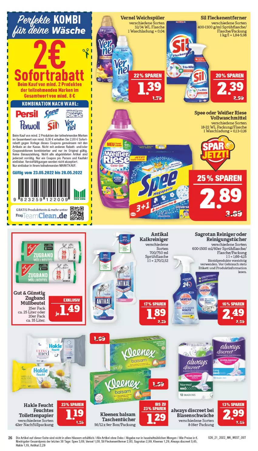 Aktueller Prospekt Marktkauf - Prospekt - von 22.05 bis 28.05.2022 - strona 26 - produkty: Alwa, Always, balsam, beutel, bio, biozidprodukte, coupon, coupons, Discreet, eis, erde, feuchtes toilettenpapier, flasche, Fleckenentferner, gin, hakle, Kalkreiniger, müllbeutel, papier, persil, Rauch, reiniger, Reinigung, reinigungstücher, reis, rwe, sagrotan, sofortrabatt, spee, sprühflasche, Tasche, taschen, taschentücher, Ti, toilettenpapier, tücher, vernel, weichspüler, ZTE