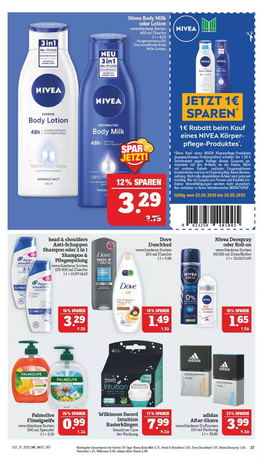 Aktueller Prospekt Marktkauf - Prospekt - von 22.05 bis 28.05.2022 - strona 27 - produkty: Adidas, Bad, body, body milk, deo, deospray, dove, duschbad, eis, flasche, flüssigseife, Heu, Lotion, nivea, olive, palmolive, Rasierklinge, rasierklingen, reis, roll-on, Roller, Seife, shampoo, Ti, wilkinson, ZTE