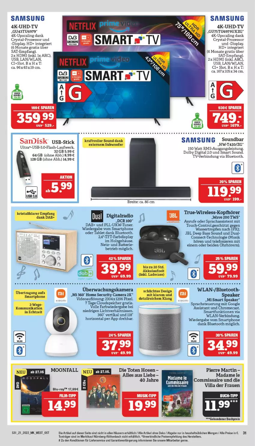 Aktueller Prospekt Marktkauf - Prospekt - von 22.05 bis 28.05.2022 - strona 31 - produkty: akku, batterie, Bebe, blu-ray, Brei, buch, deo, eis, elle, HDMI, Holz, hose, hosen, HP, jbl, kamera, kopfhörer, kraft, lieferservice, Radio, reis, rel, Samsung, smartphone, soundbar, tablet, telefon, teller, tft-farbdisplay, Ti, tuner, uhd, UHD-TV, usb, wasser