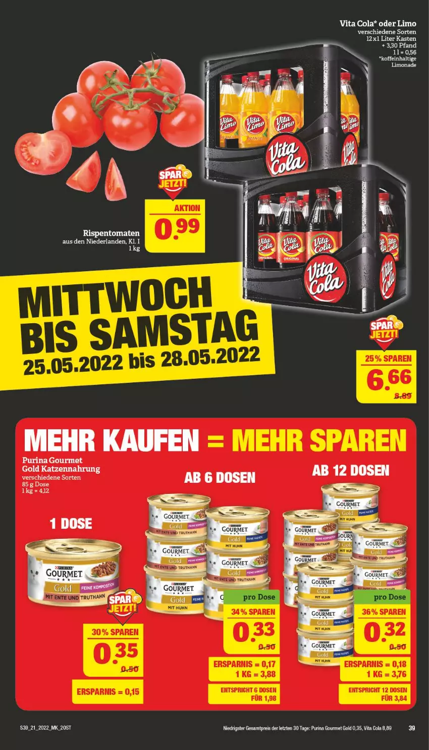 Aktueller Prospekt Marktkauf - Prospekt - von 22.05 bis 28.05.2022 - strona 39 - produkty: cola, eis, gourmet gold, katzennahrung, limo, purina, reis, rispentomaten, Ti, tomate, tomaten, vita, Vita C, ZTE