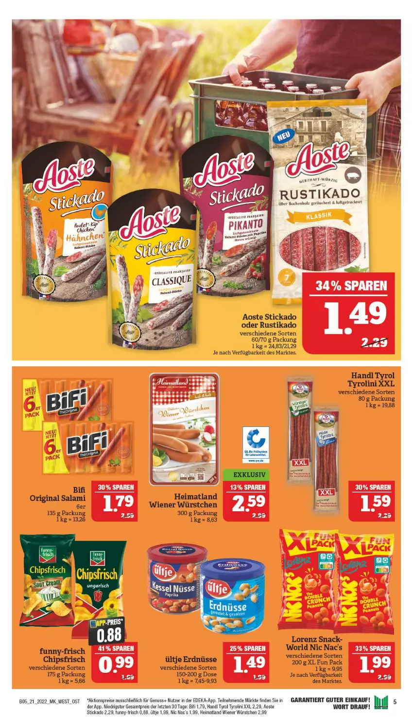 Aktueller Prospekt Marktkauf - Prospekt - von 22.05 bis 28.05.2022 - strona 45 - produkty: aktionspreis, aoste stickado, bifi, buch, chips, chipsfrisch, deka, eis, funny-frisch, gin, Holz, lorenz, nuss, reis, salami, snack, stickado, Ti, ültje, wiener, wiener würstchen, würstchen, ZTE