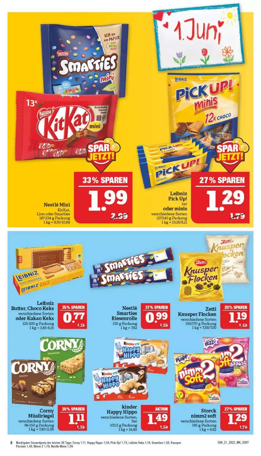 Aktueller Prospekt Marktkauf - Prospekt - von 22.05 bis 28.05.2022 - strona 8 - produkty: butter, corny, eis, hipp, kakao, keks, Kinder, kitkat, leibniz, LG, lion, müsli, Müsliriegel, Nimm 2, nimm2, Pick Up!, reis, riegel, smarties, Ti, ZTE