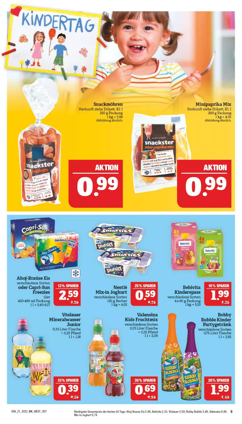 Aktueller Prospekt Marktkauf - Prospekt - von 22.05 bis 28.05.2022 - strona 9 - produkty: Alwa, auer, bebivita, Becher, brause, eis, flasche, frucht, getränk, joghur, joghurt, Kinder, mineralwasser, möhren, paprika, paprika mix, reis, robby, snack, Ti, valensina, vita, vöslauer, wasser, ZTE