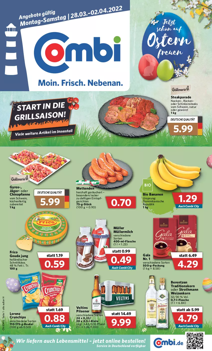 Aktueller Prospekt Combi - Prospekte - von 28.03 bis 02.04.2022 - strona 1 - produkty: banane, bananen, berentzen, beutel, bio, chips, crunchips, eintopf, elle, ente, flasche, frico, gewürz, gouda, gouda jung, grill, gyros, holländischer schnittkäse, Käse, korn, küche, Küchen, lebensmittel, lorenz, lorenz crunchips, Mett, metten, Mettenden, milch, Müller, müllermilch, natur, pfanne, pils, pilsener, schinken, Schinkensteak, schnittkäse, schwein, steak, steaks, tee, Ti, topf, veltins, veltins pilsener, wein, weizenkorn