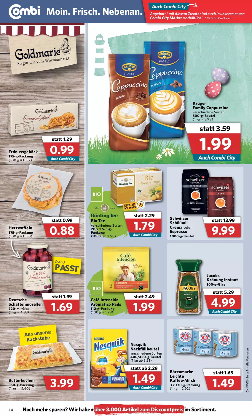 Aktueller Prospekt Combi - Prospekte - von 28.03 bis 02.04.2022 - strona 14 - produkty: angebot, angebote, bärenmarke, beutel, bio, butter, Cap, cappuccino, cin, discount, eis, elle, erdnuss, espresso, jacobs, jacobs krönung, kaffee, krüger, kuchen, milch, morellen, nesquik, nuss, oder espresso, reis, rel, schattenmorellen, tee, Ti, waffeln