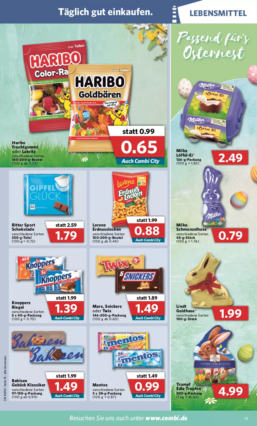 Aktueller Prospekt Combi - Prospekte - von 28.03 bis 02.04.2022 - strona 15 - produkty: bahlsen, beutel, erdnuss, frucht, fruchtgummi, haribo, knoppers, Lakritz, lebensmittel, lindt, Löffel, lorenz, mars, mentos, milka, nuss, oder lakritz, oder twix, riegel, ritter, ritter sport, rum, schoko, schokolade, snickers, Sport, twix