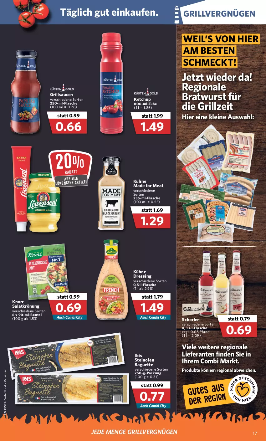 Aktueller Prospekt Combi - Prospekte - von 28.03 bis 02.04.2022 - strona 17 - produkty: baguette, beutel, bratwurst, dressing, flasche, grill, grillsauce, ketchup, knorr, Kühne, leine, löwensenf, Ofen, salat, salatkrönung, sauce, saucen, schorle, senf, steinofen, Ti, wurst