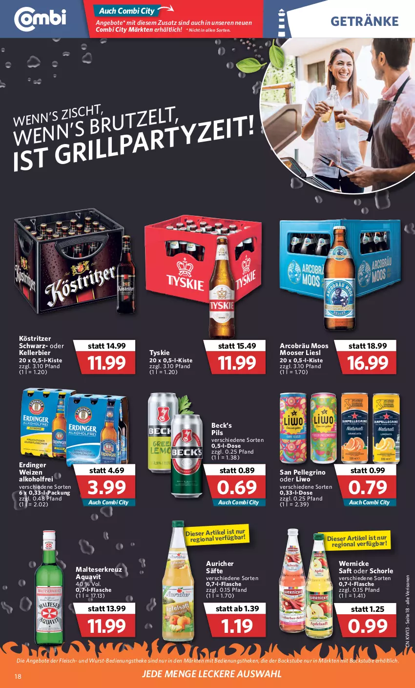 Aktueller Prospekt Combi - Prospekte - von 28.03 bis 02.04.2022 - strona 18 - produkty: alkohol, angebot, angebote, aqua, aquavit, bier, eis, elle, erdinger, flasche, fleisch, getränk, getränke, kellerbier, köstritzer, malteser, pils, saft, säfte, san pellegrino, schorle, stube, Ti, tyskie, wurst