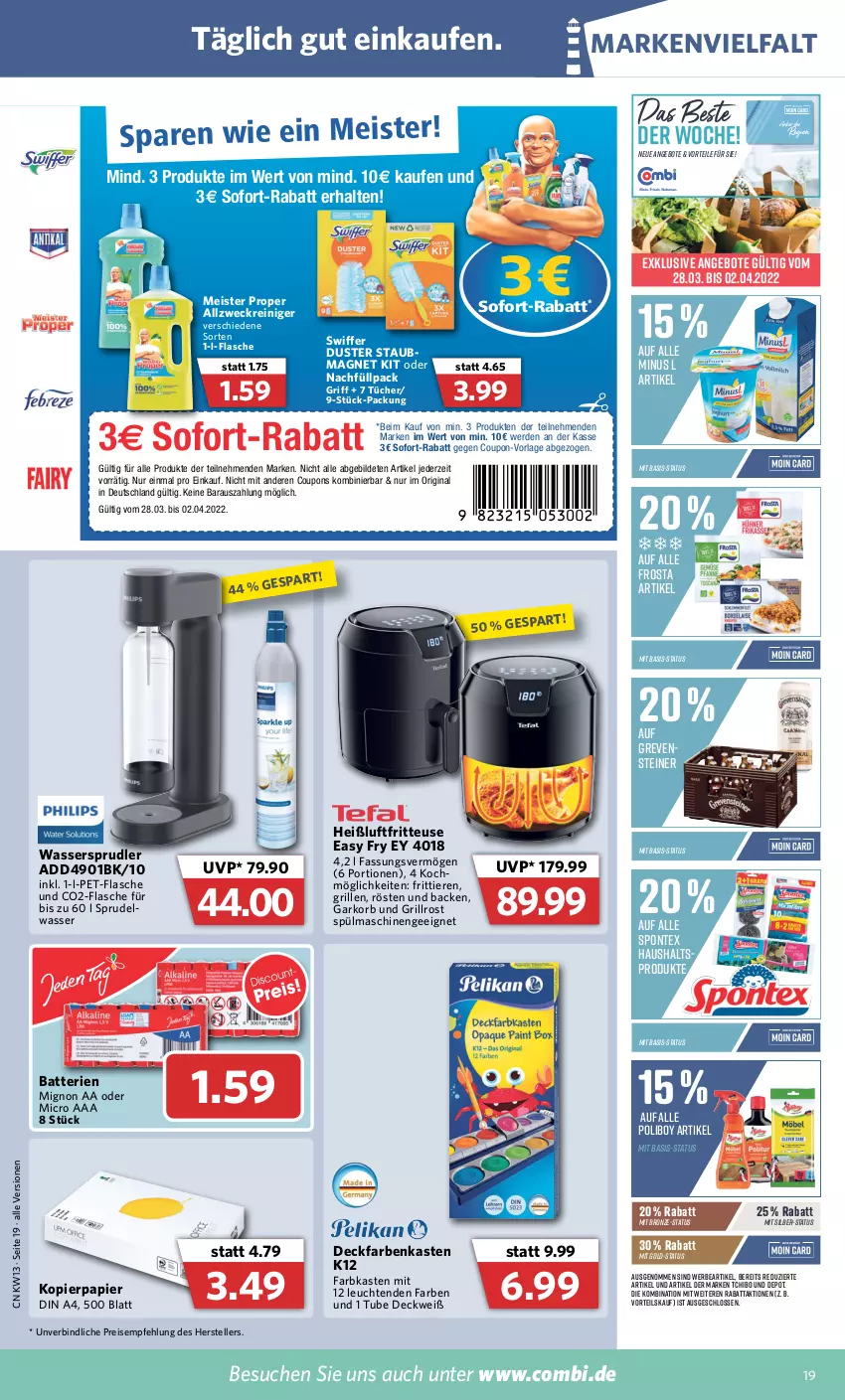 Aktueller Prospekt Combi - Prospekte - von 28.03 bis 02.04.2022 - strona 19 - produkty: allzweckreiniger, angebot, angebote, batterie, batterien, coupon, coupons, din a4, eis, elle, erde, flasche, fritteuse, frosta, gin, grevensteiner, grill, grillrost, Heißluftfritteuse, kopierpapier, korb, Leuchte, leuchten, Meister, meister proper, papier, pet-flasche, reiniger, reis, sofort-rabatt, spontex, Sprudel, spülmaschinen, staubmagnet, steiner, swiffer, Tchibo, teller, Ti, Tiere, tücher, wasser, wassersprudler, weck