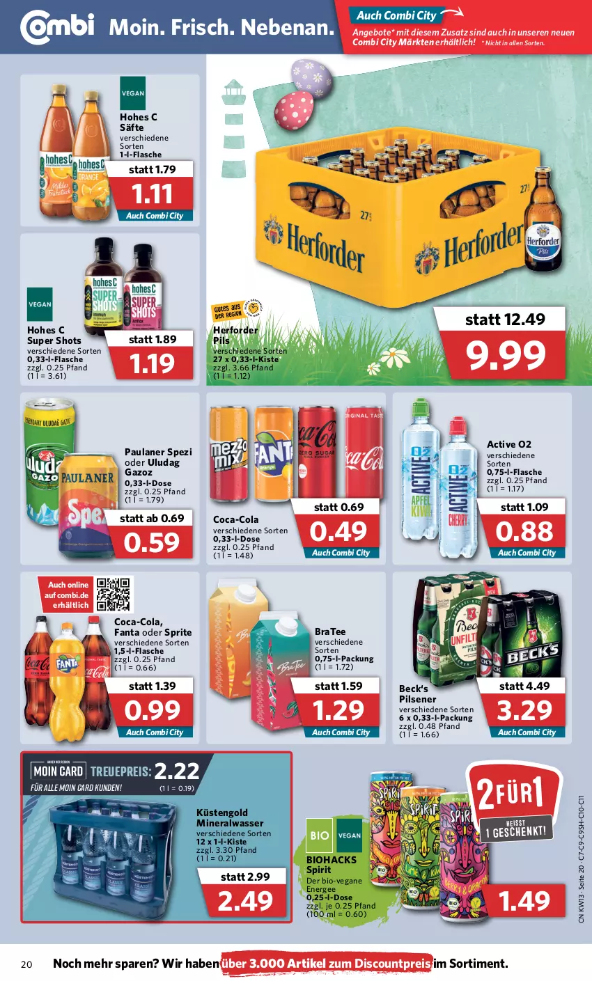 Aktueller Prospekt Combi - Prospekte - von 28.03 bis 02.04.2022 - strona 20 - produkty: Alwa, angebot, angebote, bio, BraTee, coca-cola, cola, discount, eis, Ergee, fanta, fanta oder, fanta oder sprite, flasche, Hohes C, küstengold, mineralwasser, oder sprite, Paula, paulaner, pils, pilsener, reis, säfte, Spezi, sprite, tee, Ti, wasser