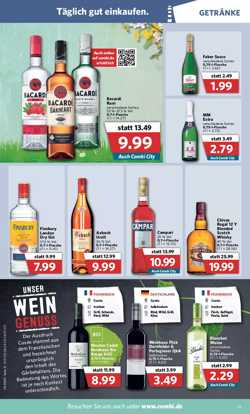 Aktueller Prospekt Combi - Prospekte - von 28.03 bis 02.04.2022 - strona 21 - produkty: asbach uralt, Behälter, bio, blended scotch, blended scotch whisky, campari, cuvée, dornfelder, dry gin, ecco, finsbury, fisch, flasche, Geflügel, getränk, getränke, gin, grill, Käse, london dry, london dry gin, mm extra, pasta, regal, rind, rouge, rum, salat, schwein, scotch, scotch whisky, wein, weine, whisky, Wild