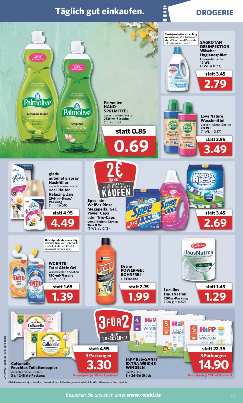 Aktueller Prospekt Combi - Prospekte - von 28.03 bis 02.04.2022 - strona 23 - produkty: aktiv gel, auto, bio, biozidprodukte, Cap, cottonelle, Desinfektion, eis, elle, ente, feuchtes toilettenpapier, flasche, Glade, hipp, hygienespüler, Kinder, megaperls, natur, olive, palmolive, papier, power-gel, Rauch, reis, rel, rwe, sagrotan, spee, spülmittel, Ti, toilettenpapier, waschmittel, wc ente, windeln