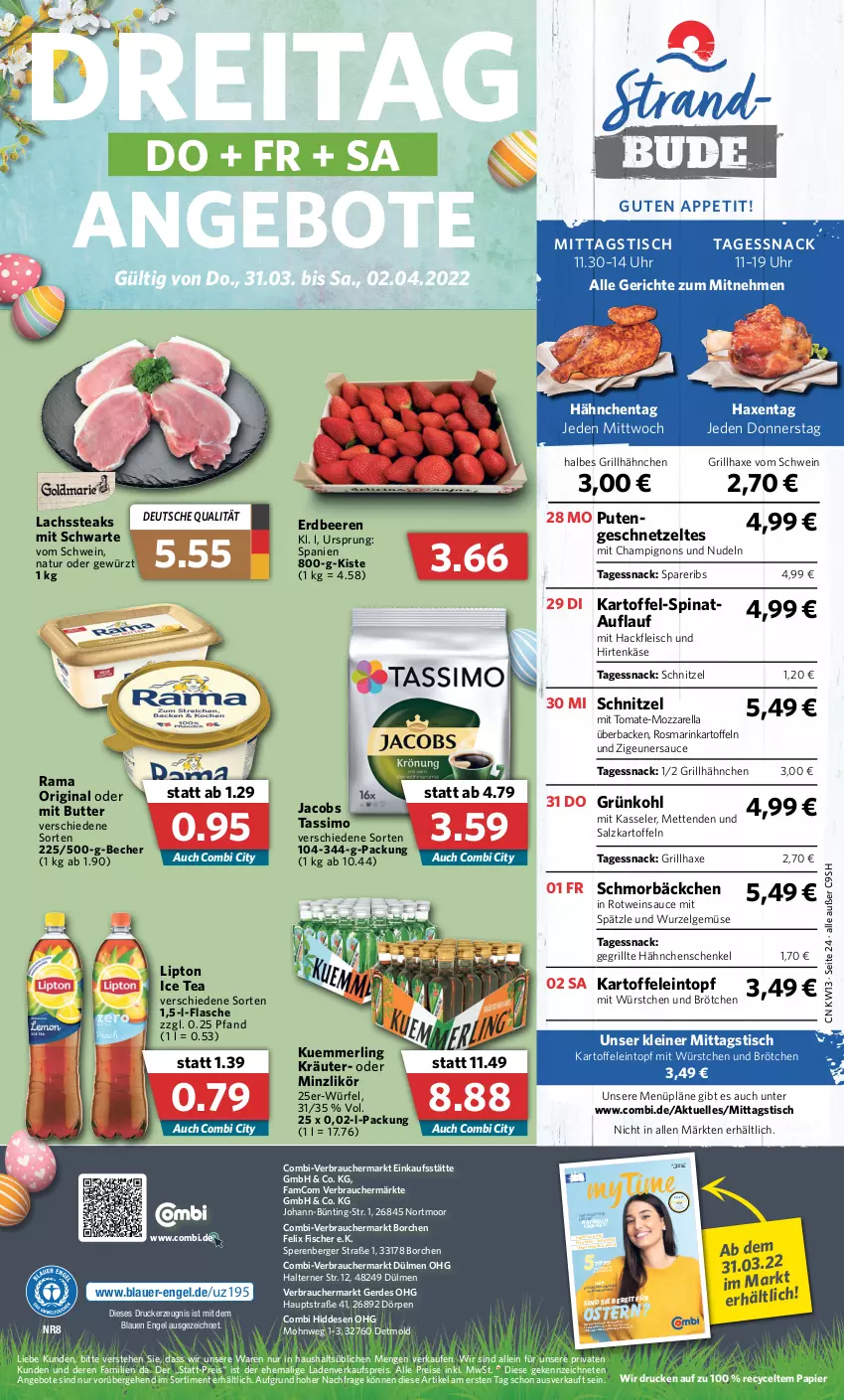 Aktueller Prospekt Combi - Prospekte - von 28.03 bis 02.04.2022 - strona 24 - produkty: angebot, angebote, auer, axe, Becher, beere, beeren, Berger, brötchen, butter, champignon, champignons, drucker, eintopf, eis, elle, Engel, erdbeere, erdbeeren, erde, felix, fisch, fische, Fischer, flasche, fleisch, Garten, Gegrillte Hähnchenschenkel, geschnetzeltes, gewürz, gin, grill, grillhähnchen, grillhaxe, hackfleisch, hähnchenschenkel, Haxe, henkel, Heu, hirtenkäse, ice tea, jacobs, jacobs tassimo, kartoffel, kartoffeln, Käse, kasseler, kerze, kräuter, küche, kuemmerling, lachs, leine, LG, likör, lipton, lipton ice tea, merl, Mett, metten, Mettenden, mit würstchen, mozzarella, natur, nudel, nudeln, papier, pflanze, pflanzen, pril, pute, rama, Rauch, reis, rel, rosmarin, rotwein, salz, sauce, schenkel, schnitzel, schwein, sim, snack, spareribs, spinat, steak, steaks, tassimo, Ti, tisch, tomate, topf, uhr, wein, würfel, würstchen, Zelt