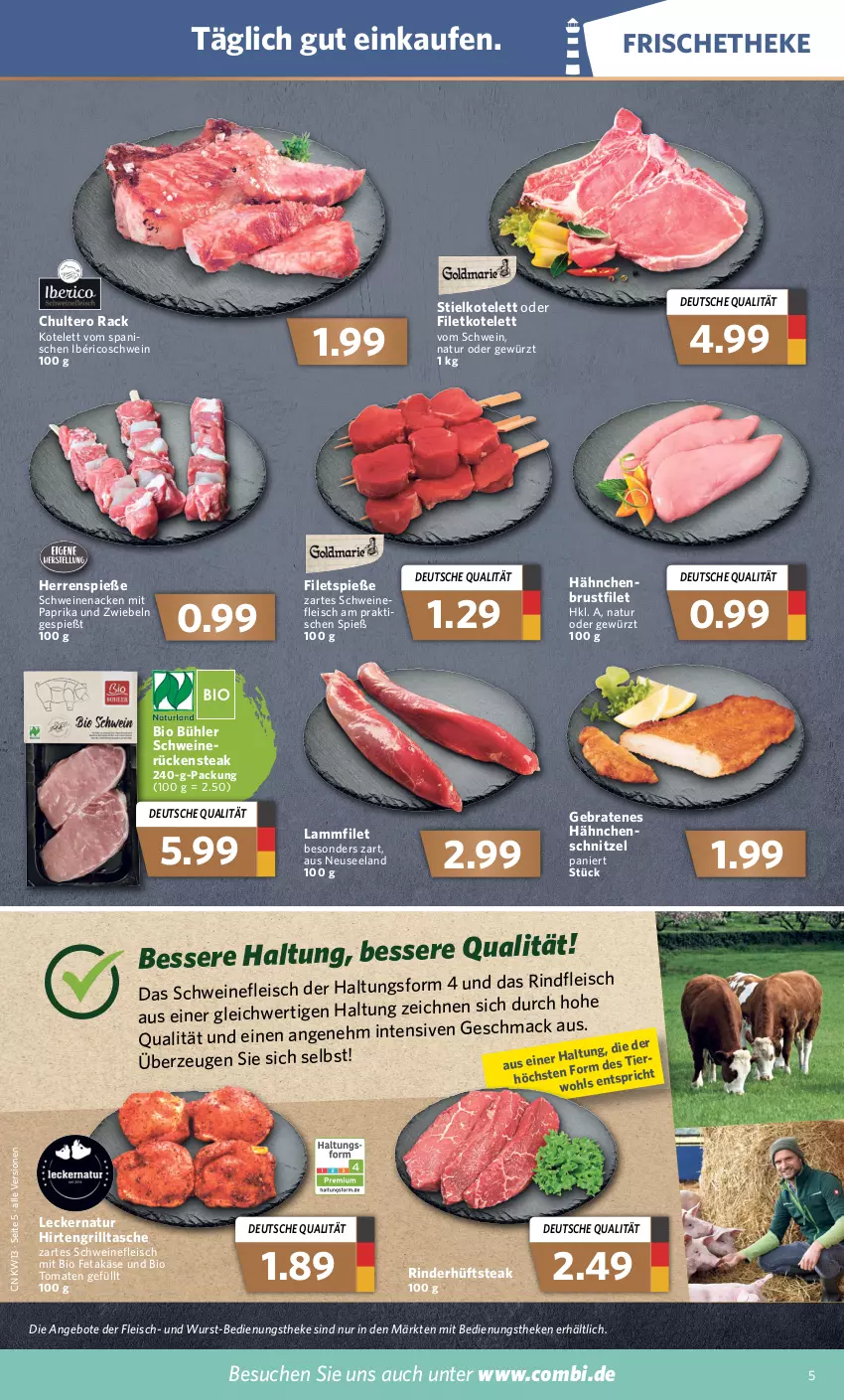 Aktueller Prospekt Combi - Prospekte - von 28.03 bis 02.04.2022 - strona 5 - produkty: angebot, angebote, bio, braten, brustfilet, eis, Elan, feta, filet, filets, fleisch, gewürz, grill, hüftsteak, Käse, kotelett, lamm, mac, mit paprika, natur, paprika, rind, rinder, rindfleisch, Rückensteak, schnitzel, schwein, schweine, schweinefleisch, schweinenacken, steak, Tasche, Ti, tisch, tomate, tomaten, wein, weine, wurst, zwiebel, zwiebeln