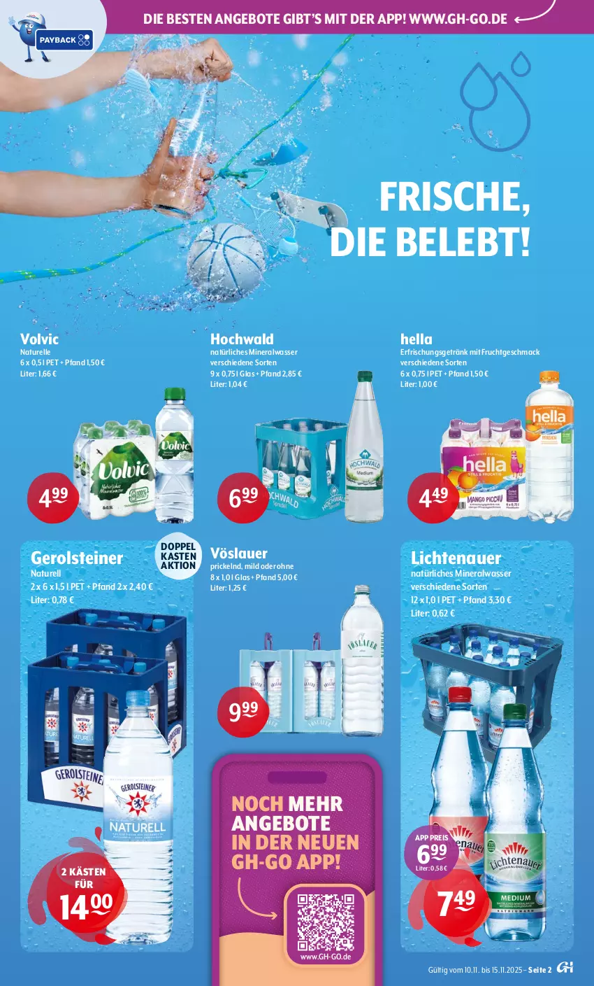 Aktueller Prospekt Getraenke Hoffmann - Prospekte - von 10.11 bis 15.11.2025 - strona 2 - produkty: Alwa, angebot, angebote, auer, eis, elle, erfrischungsgetränk, frucht, gerolsteine, gerolsteiner, getränk, hella, hochwald, lichtenauer, mac, mineralwasser, mit frucht, natur, natürliches mineralwasser, reis, rel, steiner, Ti, volvic, vöslauer, wasser
