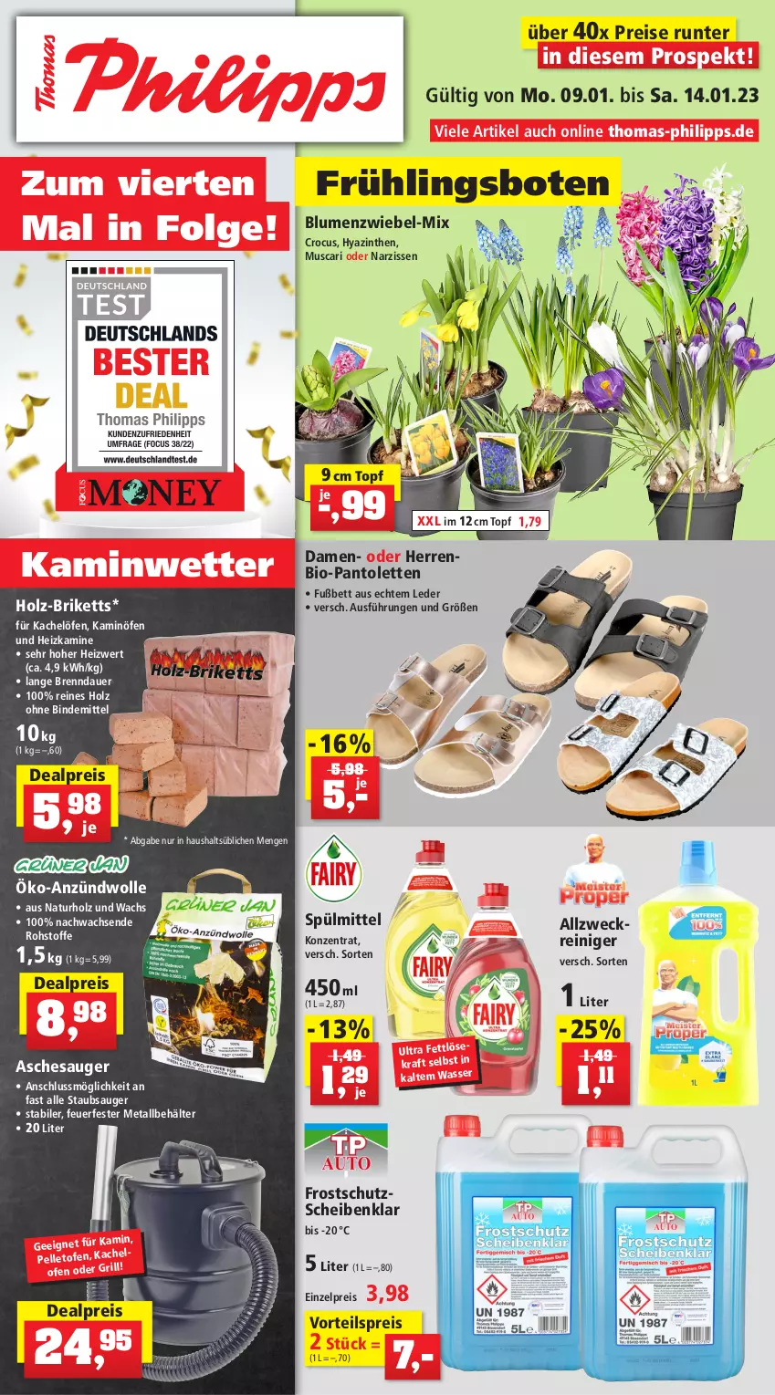 Aktueller Prospekt Thomas Philipps - Prospektwerbung - von 09.01 bis 14.01.2023 - strona 1 - produkty: allzweckreiniger, Aschesauger, auer, Behälter, bett, bio, blume, blumen, briketts, eis, elle, grill, Holz, Kamin, kraft, LG, Narzissen, natur, Ofen, pantolette, pantoletten, reiniger, reis, spülmittel, staubsauger, Ti, topf, vorteilspreis, wasser, weck, wolle, zwiebel