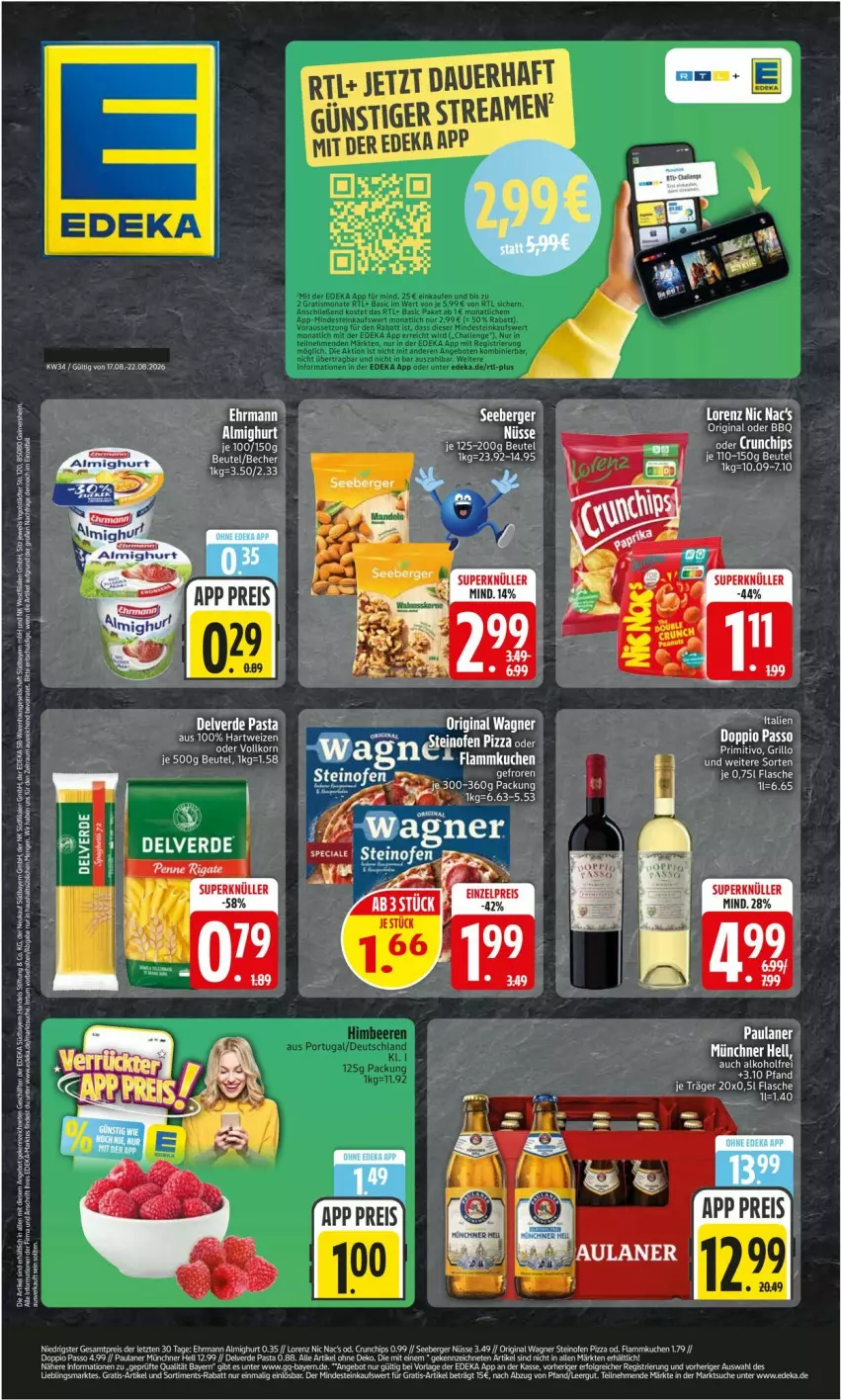 Aktueller Prospekt Edeka - Prospekte - von 17.08 bis 22.08.2026 - strona 1 - produkty: Becher, beutel, chips, crunchips, deka, doppio passo, ehrmann, eis, erde, flammkuchen, gin, grill, grillo, hartweizen, korn, kuchen, lamm, lorenz, passo, pasta, Paula, paulaner, pizza, primitivo, reis, tee, Ti, Toner, wagner, ZTE