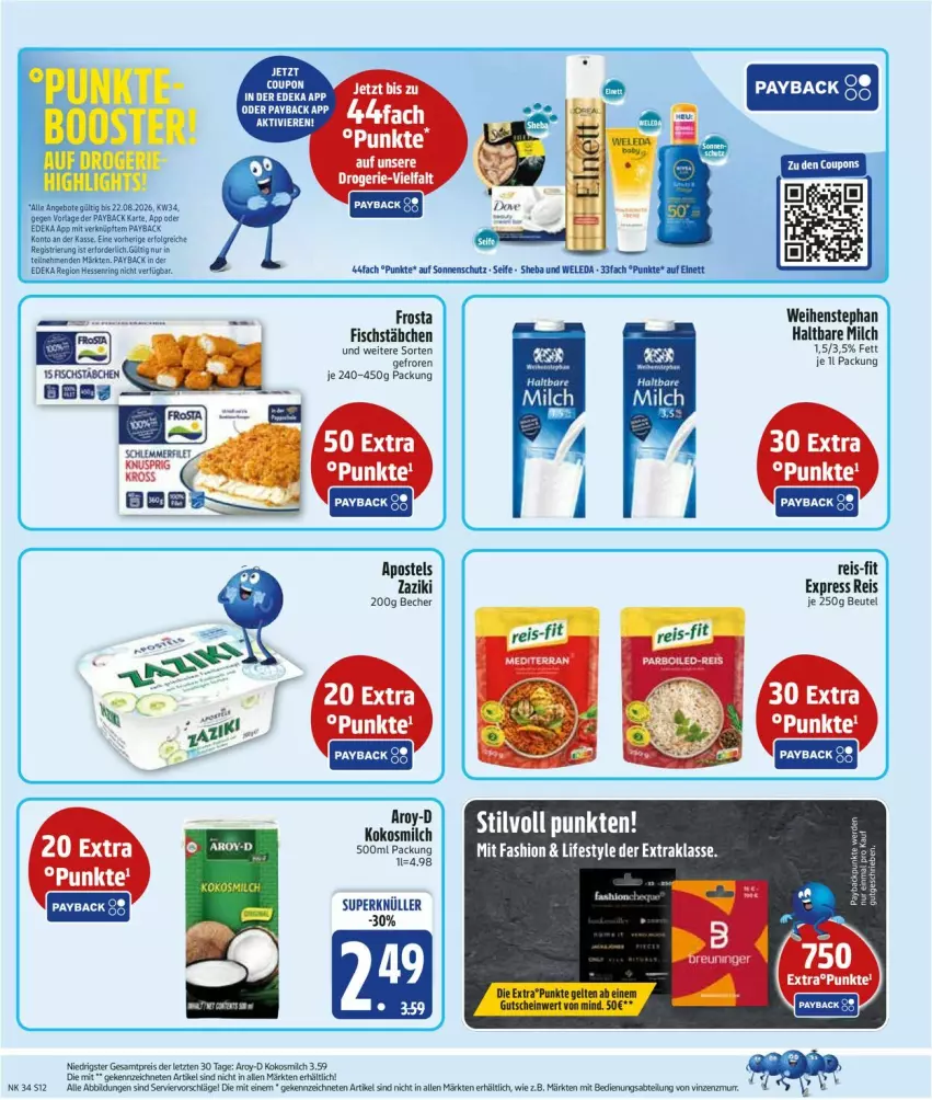Aktueller Prospekt Edeka - Prospekte - von 17.08 bis 22.08.2026 - strona 14 - produkty: angebot, angebote, apostels, Becher, beutel, deka, eis, erde, fisch, fischstäbchen, frosta, haltbare milch, kokos, kokosmilch, LG, milch, payback, reis, reis-fit, ring, Seife, sheba, sonnenschutz, Ti, weihenstephan, weleda, zaziki, ZTE