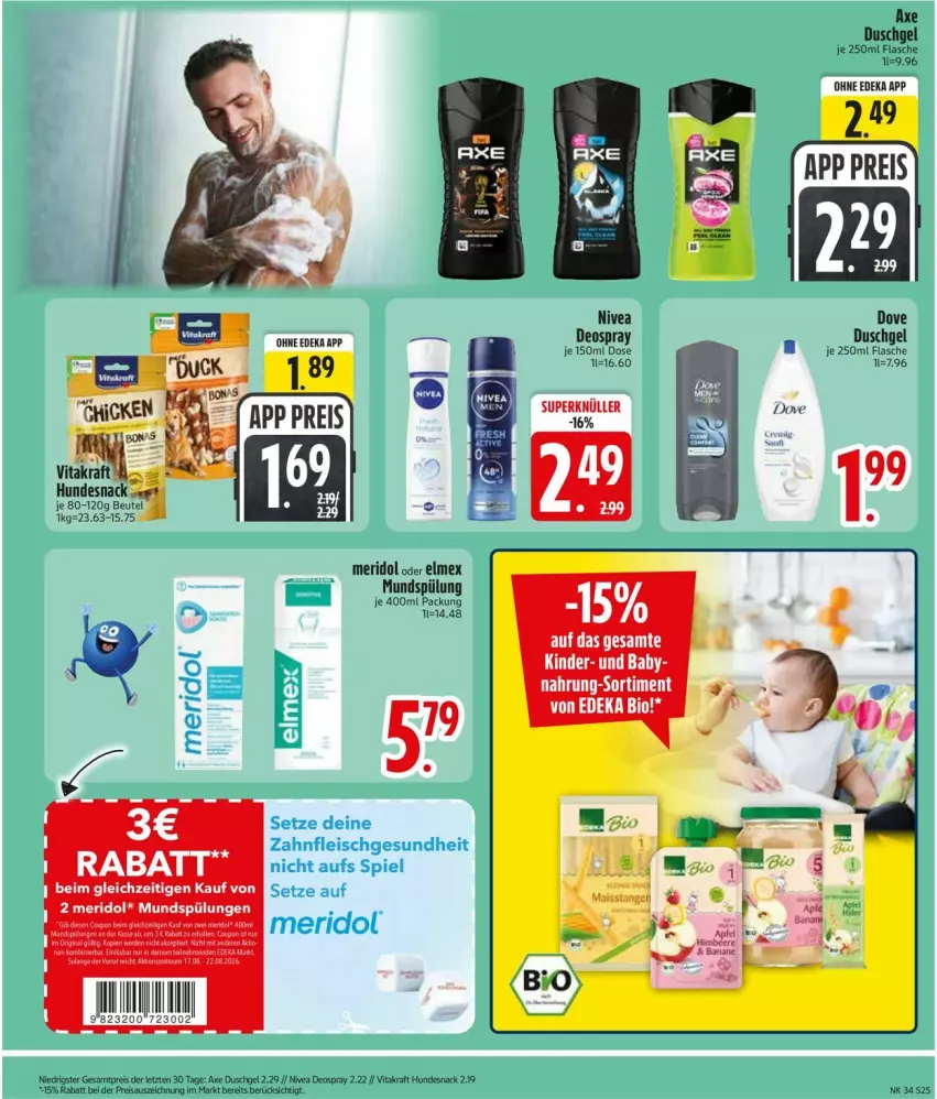 Aktueller Prospekt Edeka - Prospekte - von 17.08 bis 22.08.2026 - strona 27 - produkty: axe, axe duschgel, beutel, bio, deka, deo, deospray, duschgel, edeka bio, eis, elmex, flasche, hundesnack, kraft, meridol, mundspülung, nivea, reis, snack, spülung, Ti, vita, vitakraft, ZTE