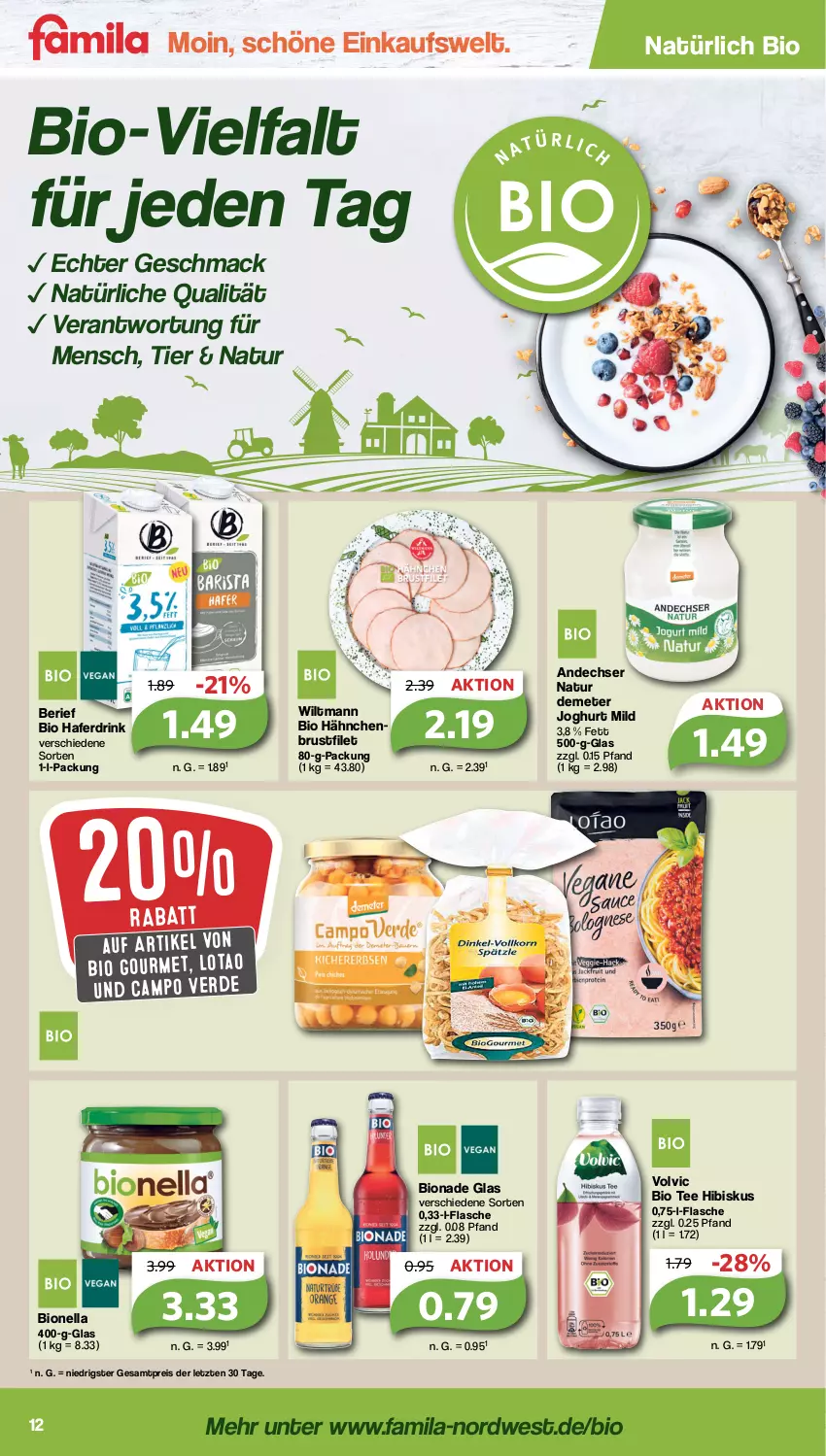 Aktueller Prospekt Famila - Prospekte - von 28.11 bis 03.12.2022 - strona 12 - produkty: andechser natur, bio, bionade, brustfilet, Campo Verde, drink, eis, erde, filet, flasche, hafer, Haferdrink, hähnchenbrust, hähnchenbrustfilet, joghur, joghurt, joghurt mild, mac, natur, reis, tee, Ti, volvic, wiltmann, ZTE