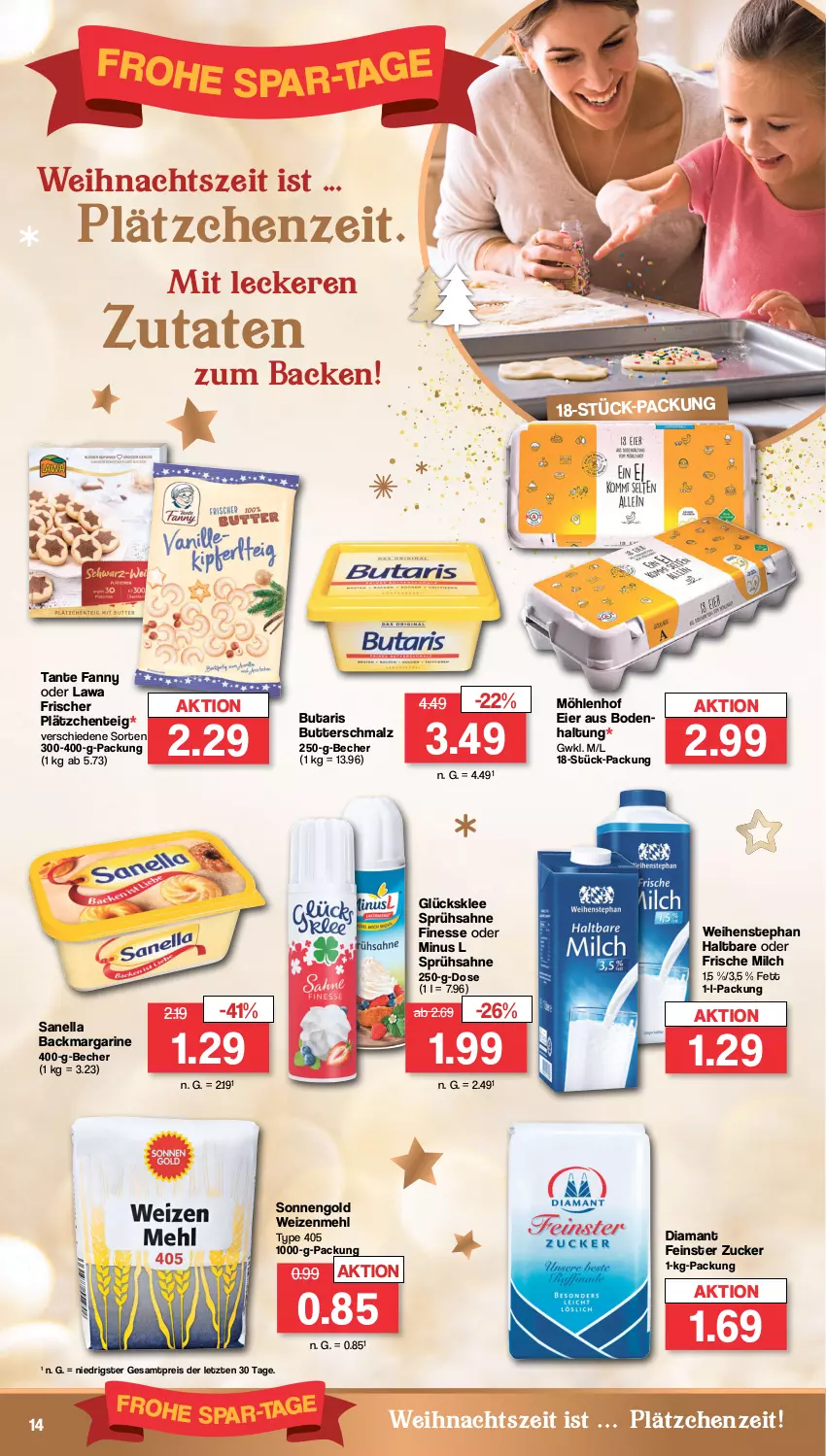 Aktueller Prospekt Famila - Prospekte - von 28.11 bis 03.12.2022 - strona 14 - produkty: Becher, butter, Butterschmalz, eier, eis, ente, finesse, frische milch, glücksklee, Lätzche, malz, margarine, mehl, milch, reis, sahne, Schmalz, tante fanny, Ti, type 405, weihenstephan, weizenmehl, ZTE, zucker