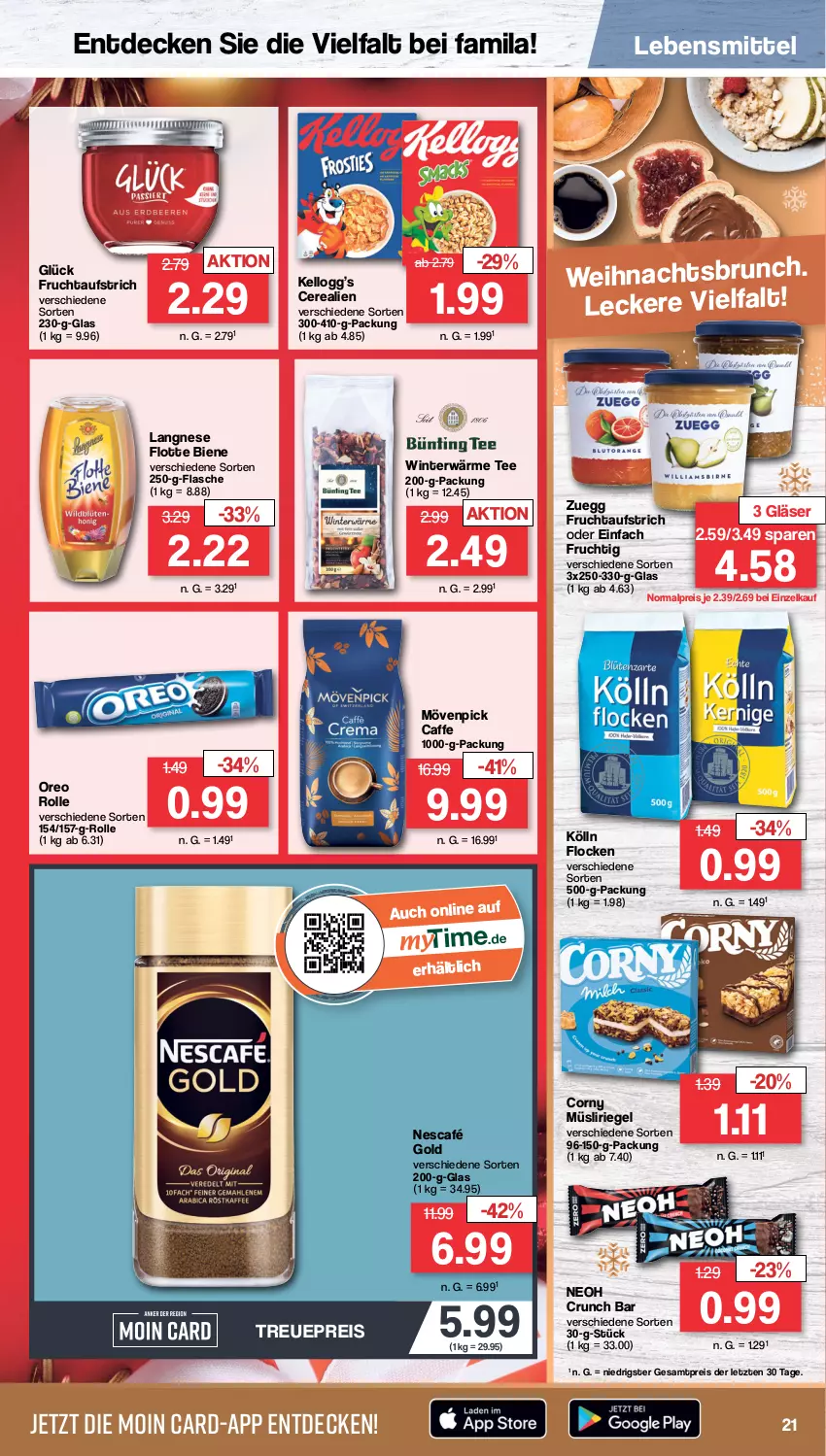 Aktueller Prospekt Famila - Prospekte - von 28.11 bis 03.12.2022 - strona 21 - produkty: aufstrich, caffe, cerealien, corny, decke, eis, flasche, frucht, fruchtaufstrich, Gläser, kölln, langnese, lebensmittel, mövenpick, müsli, Müsliriegel, Nescafé, nescafé gold, oreo, reis, riegel, tee, Ti, ZTE, zuegg