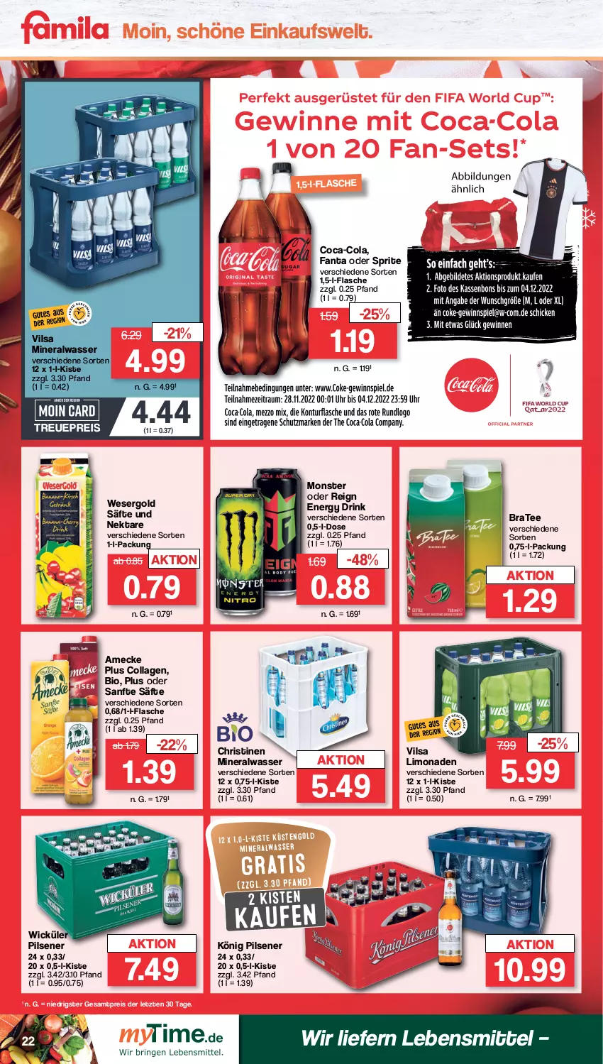 Aktueller Prospekt Famila - Prospekte - von 28.11 bis 03.12.2022 - strona 22 - produkty: Alwa, amecke, bio, BraTee, coca-cola, cola, Collagen, drink, eis, energy drink, fanta, fanta oder, fanta oder sprite, flasche, könig pilsener, lebensmittel, limo, limonade, limonaden, mineralwasser, monster, Nektar, oder sprite, pils, pilsener, reis, säfte, sprite, tee, Ti, vilsa, wasser, WICK, ZTE