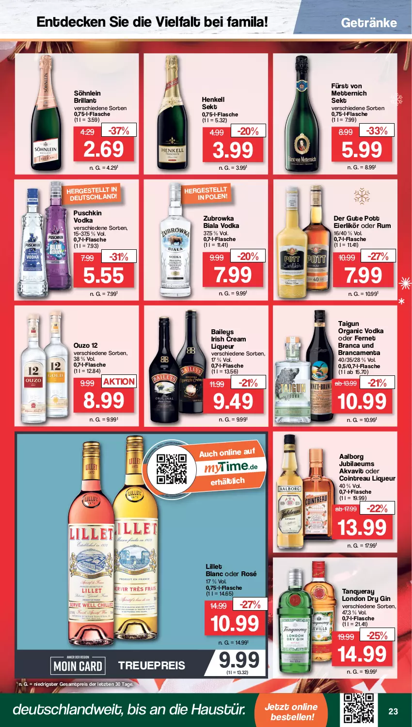 Aktueller Prospekt Famila - Prospekte - von 28.11 bis 03.12.2022 - strona 23 - produkty: Aalborg, aust, baileys, decke, dry gin, eier, eierlikör, eis, elle, Fernet, fernet branca, flasche, fürst von metternich, getränk, getränke, gin, henkel, henkell, henkell sekt, irish cream, likör, lillet, liqueur, london dry, london dry gin, Mett, metternich, ouzo, ouzo 12, puschkin vodka, reis, rum, sekt, söhnlein, söhnlein brillant, Tanqueray, Ti, vodka, ZTE