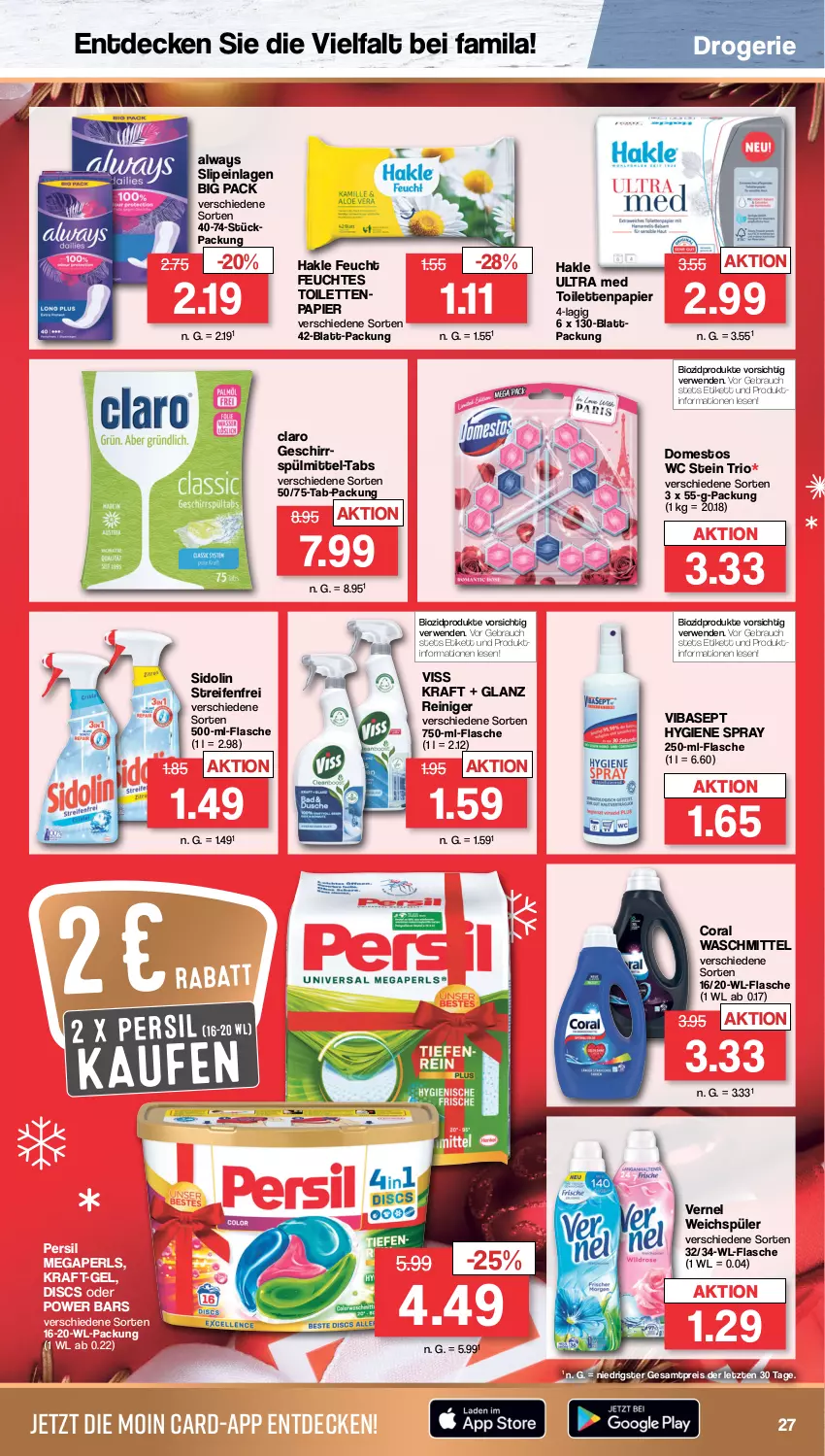 Aktueller Prospekt Famila - Prospekte - von 28.11 bis 03.12.2022 - strona 27 - produkty: Alwa, Always, bio, biozidprodukte, Coral, decke, domestos, eis, flasche, geschirr, hakle, kraft, megaperls, papier, persil, Rauch, reifen, reiniger, reis, rwe, sidolin, slip, slipeinlagen, spülmittel, Ti, toilettenpapier, vernel, waschmittel, weichspüler, ZTE