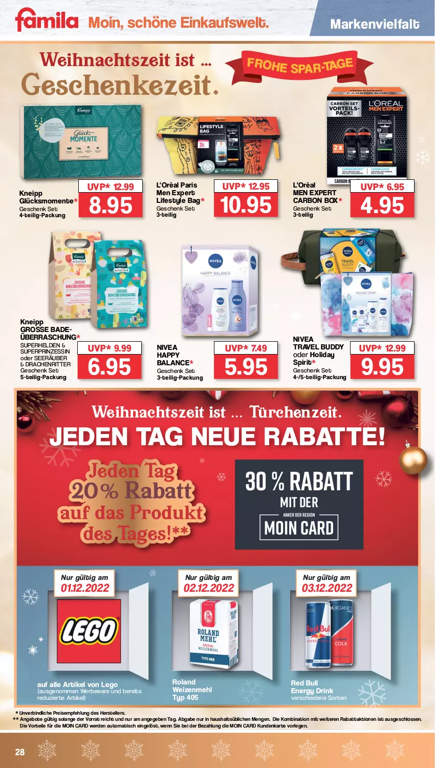 Aktueller Prospekt Famila - Prospekte - von 28.11 bis 03.12.2022 - strona 28 - produkty: angebot, angebote, auto, Bad, drink, eis, elle, energy drink, ente, erde, kneipp, mehl, nivea, red bull, reis, ritter, teller, Ti, tisch, weizenmehl