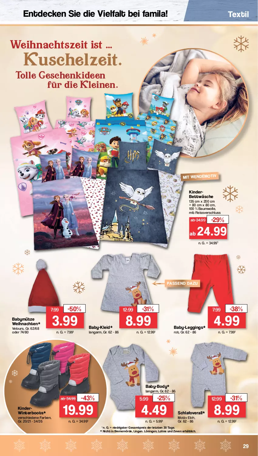 Aktueller Prospekt Famila - Prospekte - von 28.11 bis 03.12.2022 - strona 29 - produkty: Bau, baumwolle, bett, bettwäsche, body, decke, eis, gin, Kinder, Kinderbett, kleid, leggings, leine, Mütze, Overall, reis, reiss, Ti, weihnachten, wolle, ZTE