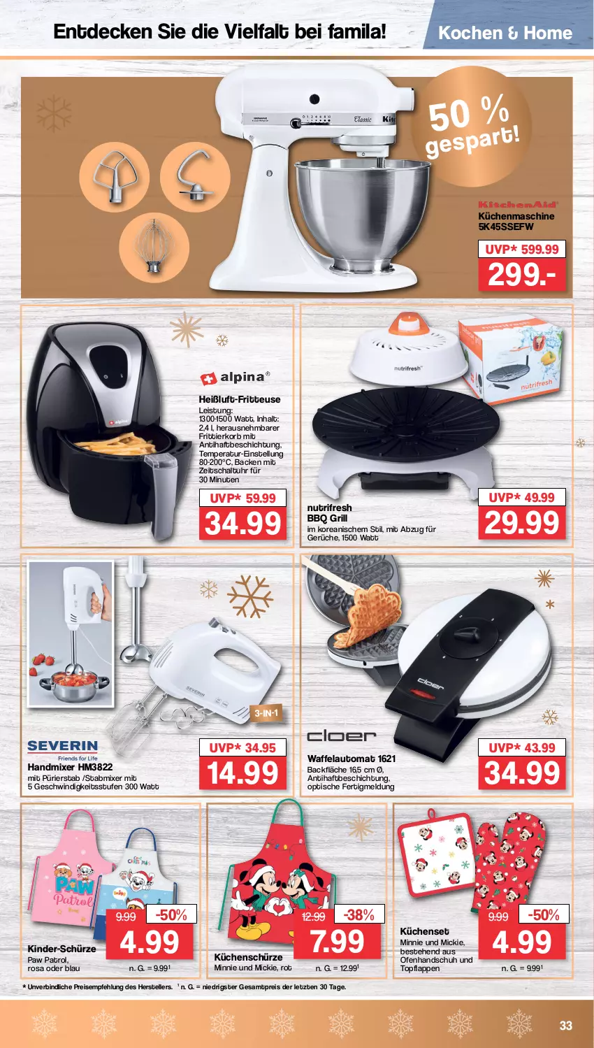 Aktueller Prospekt Famila - Prospekte - von 28.11 bis 03.12.2022 - strona 33 - produkty: auto, decke, eis, elle, fritteuse, grill, handmixer, Kinder, korb, küche, Küchen, küchenmaschine, Küchenschürze, Mixer, Ofen, Paw Patrol, reis, Schal, Schürze, stabmixer, teller, Ti, tisch, topf, uhr, ZTE