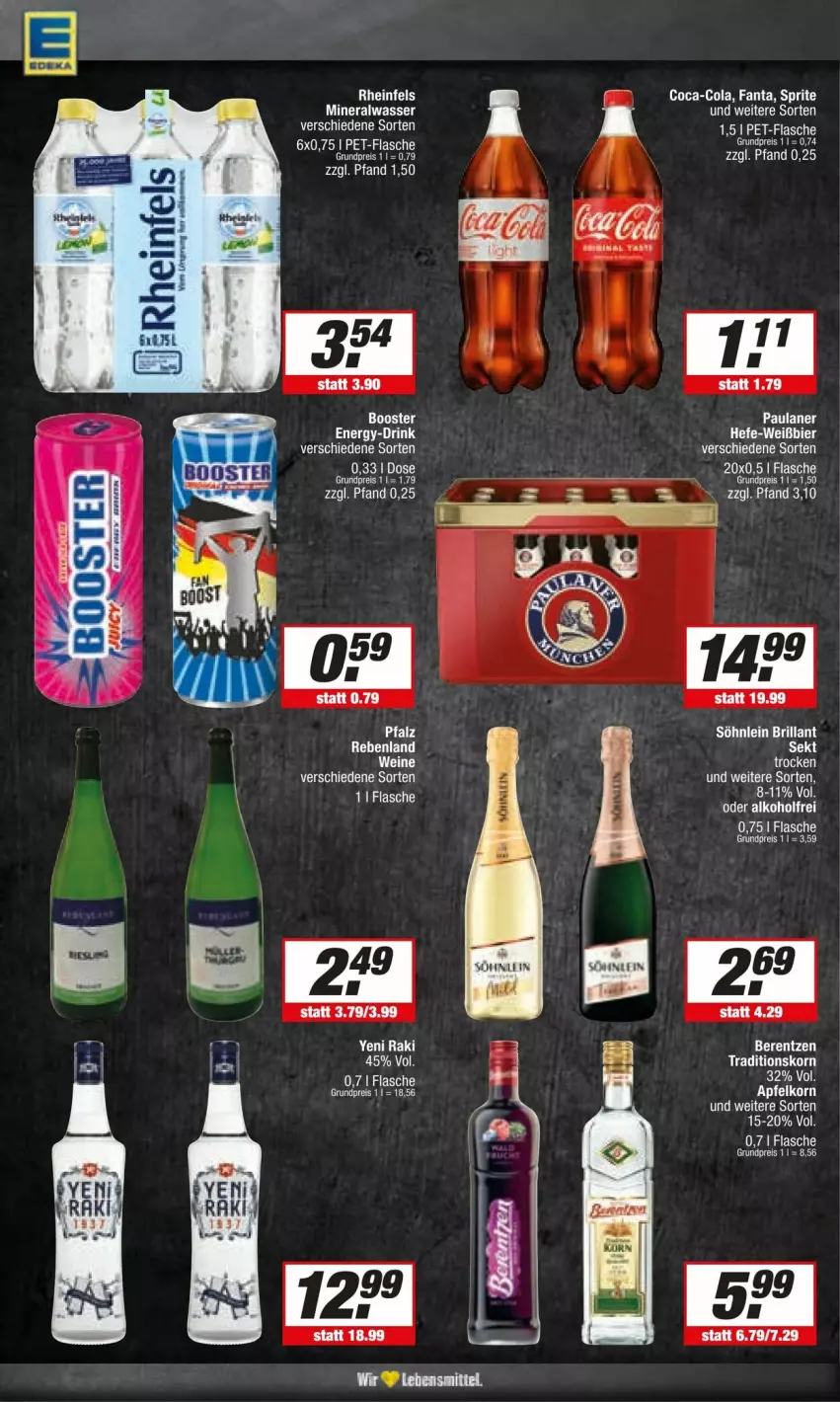 Aktueller Prospekt Edeka - Prospekte - von 30.03 bis 06.04.2024 - strona 14 - produkty: Alwa, brillant sekt, coca-cola, cola, eis, fanta, flasche, korn, mineralwasser, Paula, paulaner, reis, sekt, söhnlein, söhnlein brillant, sprite, Ti, wasser, yeni raki