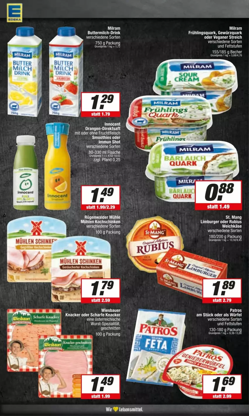 Aktueller Prospekt Edeka - Prospekte - von 30.03 bis 06.04.2024 - strona 7 - produkty: auer, Bau, Bauer, Becher, burger, direktsaft, eis, flasche, fleisch, frucht, fruchtfleisch, gewürz, gewürzquark, Käse, knacker, kochschinken, Limburger, milram, orange, orangen, patros, quark, reis, Rubius, saft, schinken, schnitten, smoothie, smoothies, Spezi, St. Mang, tee, Ti, weichkäse, wiesbauer, wurst