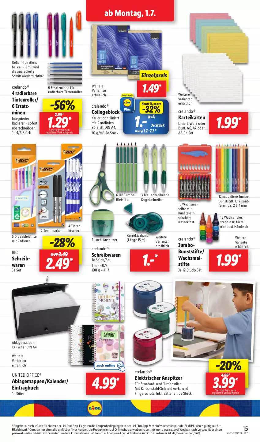 Aktueller Prospekt Lidl - Aktionsprospekt - von 01.07 bis 06.07.2024 - strona 21 - produkty: angebot, batterie, batterien, Bleistift, bleistifte, buch, collegeblock, coupon, din a4, eis, Elan, jumbo, Kugel, kugelschreiber, office, Persona, reis, rel, Ria, Roller, schreibwaren, stifte, Textilmarker, Ti, Tintenlöscher, wasser, ZTE