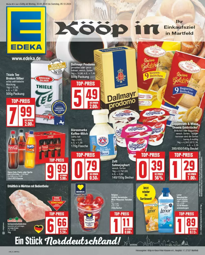 Aktueller Prospekt Edeka - Prospekte - von 30.09 bis 05.10.2024 - strona 1 - produkty: bärenmarke, beutel, dallmayr, dallmayr prodomo, eis, flasche, LG, prodomo, reis, tee, Ti, top-preis, zott