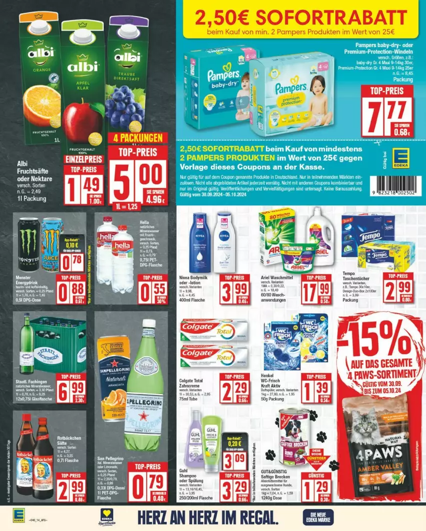 Aktueller Prospekt Edeka - Prospekte - von 30.09 bis 05.10.2024 - strona 14 - produkty: apfel, ariel, ariel waschmittel, Brock, colgate, colgate total, direktsaft, flasche, henkel, LG, orange, pampers, regal, saft, sofortrabatt, Ti, waschmittel