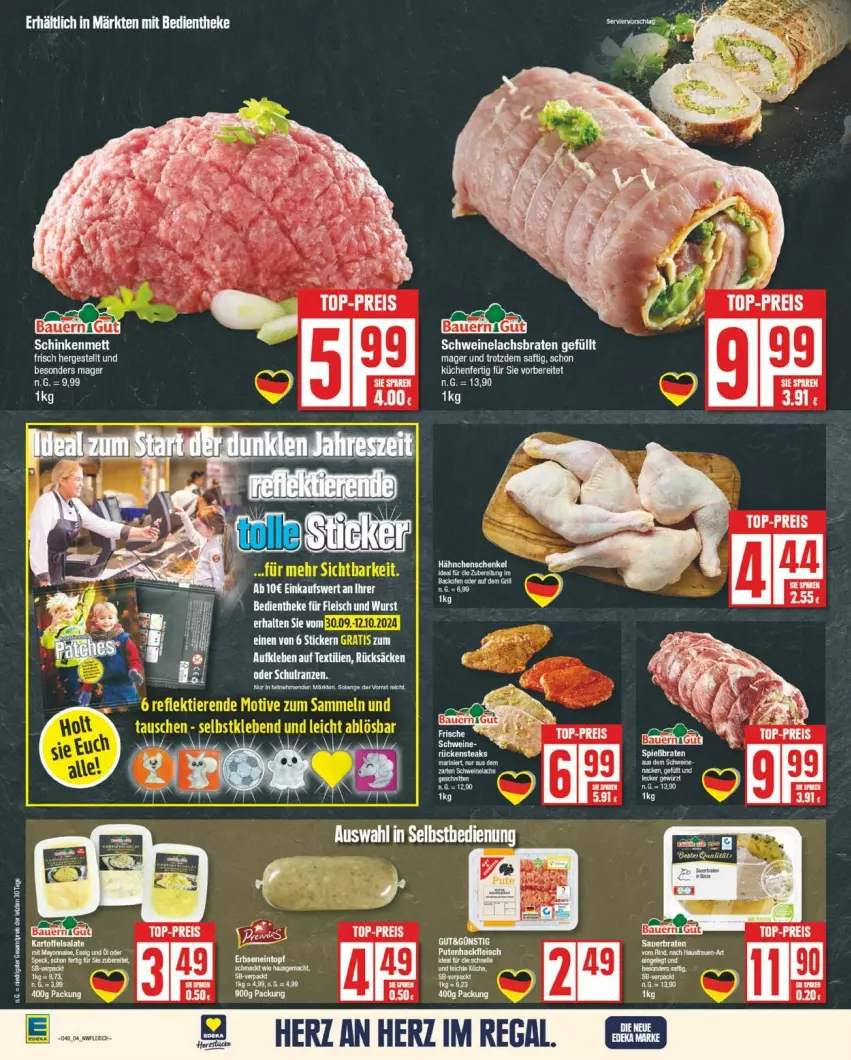 Aktueller Prospekt Edeka - Prospekte - von 30.09 bis 05.10.2024 - strona 4 - produkty: auer, Bau, Bauer, braten, eis, fleisch, hähnchenschenkel, henkel, küche, Küchen, lachs, Lachsbraten, Mett, reis, rel, schenkel, schinken, schwein, schweine, Schweinelachs, Ti, top-preis, wein, weine, wurst