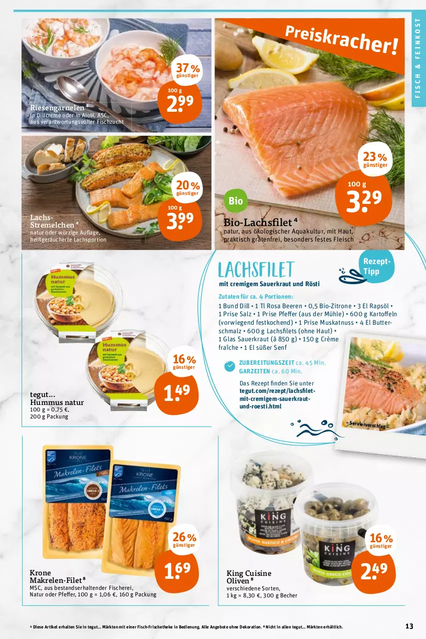 Aktueller Prospekt Tegut - Angebote der Woche - von 21.02 bis 26.02.2022 - strona 15 - produkty: aioli, angebot, angebote, aqua, auer, Becher, beere, beeren, bio, butter, creme, crème fraîche, dekoration, eis, feinkost, filet, filets, fisch, fische, Fischer, fleisch, garnelen, hummus, Kraut, krone, lachs, lachsfilet, lachsfilets, Makrele, malz, Muskatnuss, natur, nuss, olive, oliven, rapsöl, rel, rezept, riesengarnelen, salz, Sauerkraut, Schere, Schmalz, senf, Sport, tender, Ti, tisch, zitrone