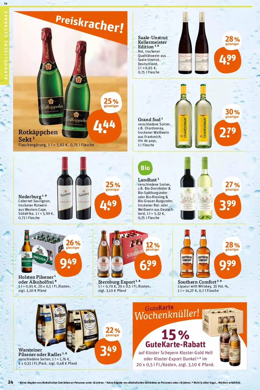 Aktueller Prospekt Tegut - Angebote der Woche - von 21.02 bis 26.02.2022 - strona 26 - produkty: alkohol, alkoholische getränke, auer, bio, burgunder, cabernet, cabernet sauvignon, Cap, chardonnay, dornfelder, eis, elle, flasche, getränk, getränke, grand sud, holsten, holsten pilsener, liqueur, Meister, nederburg, oder radler, pils, pilsener, qualitätswein, radler, riesling, rotkäppchen, rotwein, sauvignon, sekt, Southern Comfort, spätburgunder, steiner, Sternburg, Ti, warsteiner, wein, Weißwein, Weste, whiskey