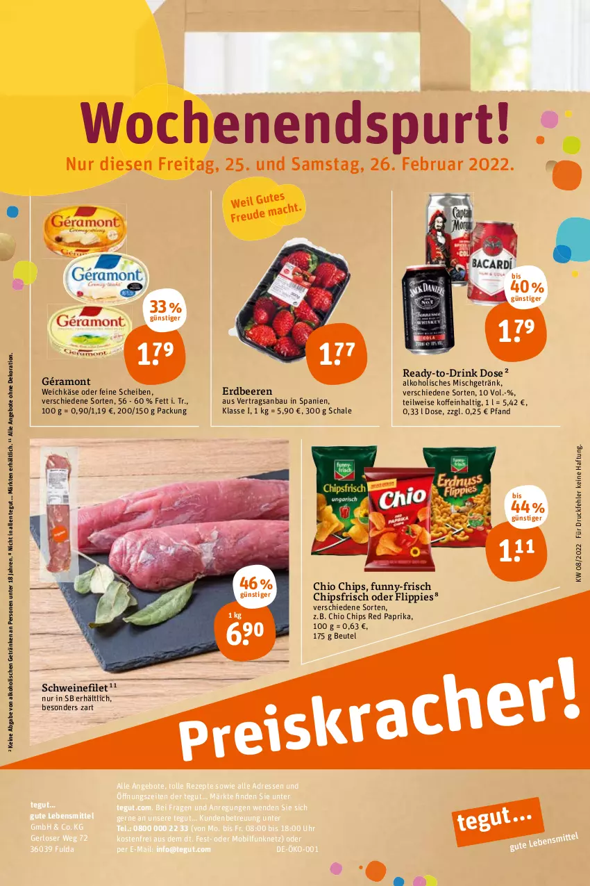 Aktueller Prospekt Tegut - Angebote der Woche - von 21.02 bis 26.02.2022 - strona 30 - produkty: alkohol, angebot, angebote, Bau, beere, beeren, beutel, chio chips, chips, chipsfrisch, dekoration, drink, Drink Dose, eis, erdbeere, erdbeeren, filet, flippies, Fulda, funny-frisch, géramont, getränk, getränke, Käse, lebensmittel, paprika, rezept, rezepte, Schal, Schale, schwein, schweine, schweinefilet, Ti, uhr, weichkäse, wein, weine