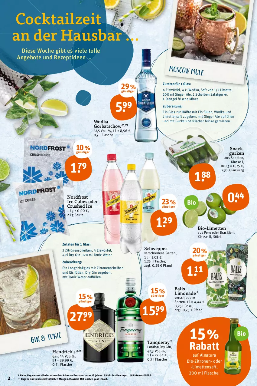 Aktueller Prospekt Tegut - Angebote der Woche - von 21.02 bis 26.02.2022 - strona 4 - produkty: alkohol, angebot, angebote, beutel, bio, bio-zitronen, cocktail, crushed ice, drink, dry gin, eis, eiswürfel, flasche, garnier, getränk, getränke, gin, ginger, ginger ale, Gorbatschow, gurke, gurken, limette, limetten, limo, limonade, london dry, london dry gin, Mett, metten, minze, natur, natura, rezept, saft, salat, Salatgurke, schweppes, snack, Tanqueray, Ti, tonic, tonic water, usb, wodka, würfel, zitrone, zitronen