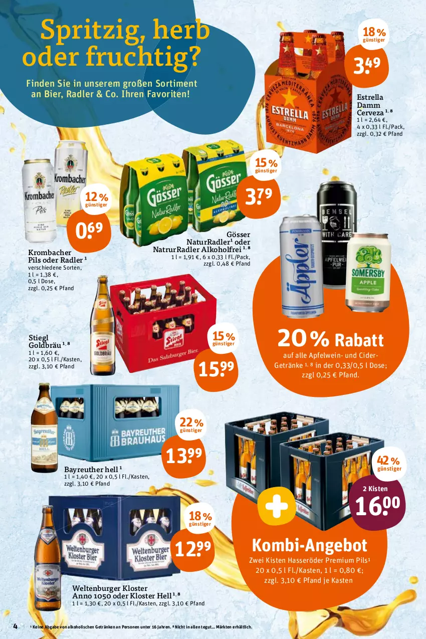 Aktueller Prospekt Tegut - Angebote der Woche - von 21.02 bis 26.02.2022 - strona 6 - produkty: alkohol, angebot, apfel, apfelwein, bier, burger, cider, Estrella Damm, frucht, getränk, getränke, gösser, hasseröder, krombache, krombacher, krombacher pils, natur, oder radler, pils, premium pils, radler, rel, Stiegl, Ti, wein