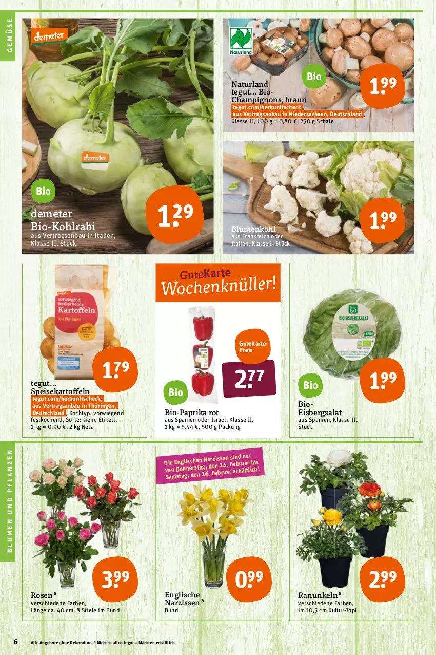 Aktueller Prospekt Tegut - Angebote der Woche - von 21.02 bis 26.02.2022 - strona 8 - produkty: angebot, angebote, Bau, bio, Bio-Paprika, blume, blumen, Blumen und Pflanzen, blumenkohl, braun, champignon, champignons, dekoration, eis, eisbergsalat, kartoffel, kartoffeln, kohlrabi, Narzissen, natur, naturland, paprika, paprika rot, pflanze, pflanzen, reis, ring, rosen, sac, salat, Schal, Schale, speisekartoffeln, Ti, topf