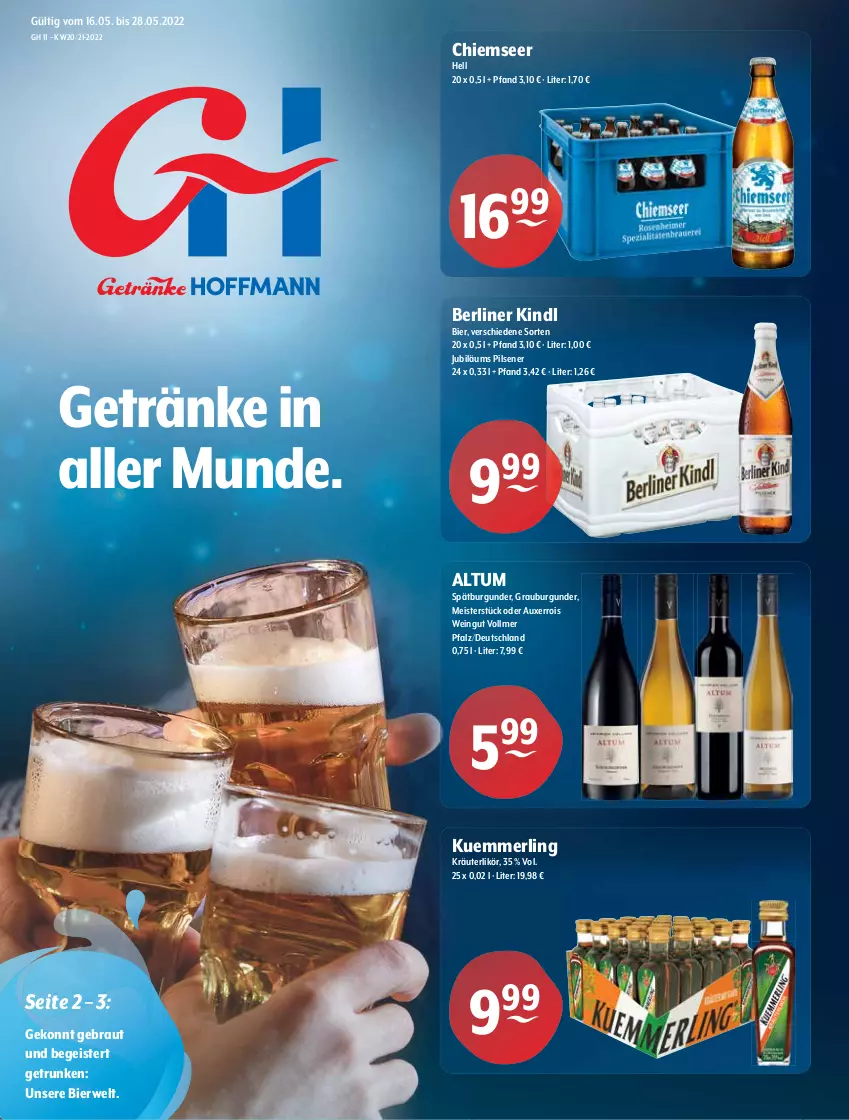 Aktueller Prospekt Getraenke Hoffmann - Prospekte - von 16.05 bis 28.05.2022 - strona 1 - produkty: berliner, berliner kindl, bier, burgunder, eis, getränk, getränke, grauburgunder, Jubiläums, kräuter, kräuterlikör, kuemmerling, likör, Meister, merl, pils, pilsener, rwe, spätburgunder, Ti, wein