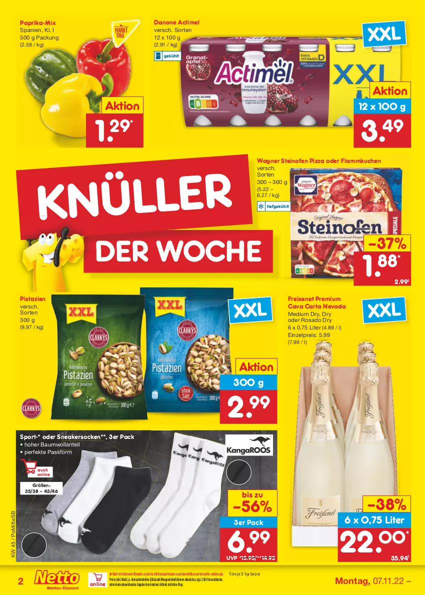 Aktueller Prospekt Netto Marken-Discount - Filial-Angebote - von 07.11 bis 12.11.2022 - strona 2 - produkty: actimel, Bau, bestpreis, Cava, danone, eis, flammkuchen, freixenet, kuchen, lamm, ndk, Ofen, paprika, pistazien, pizza, reis, sneaker, sneakersocken, socken, Sport, steinofen, steinofen pizza, Ti, wagner